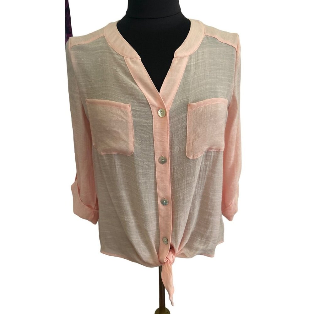 Ruby Rd. Petite Sheer Button-Down Front Tie Blouse - Pink , Size PS